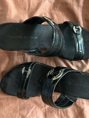 Montego Bay Club Black Patent Slide Sandals with Decorative Buckles